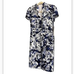 🔥 THEIA blue white print cap sleeve sheath pencil dress Size 6